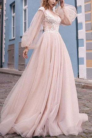 Champagne Tulle Prom Dresses Open Back with Sheer Flare Sleeve