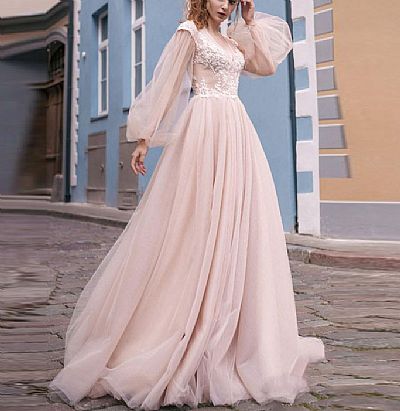 Champagne Tulle Prom Dresses Open Back with Sheer Flare Sleeve