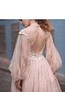 Champagne Tulle Prom Dresses Open Back with Sheer Flare Sleeve