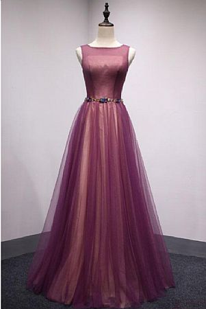 Purple Tulle and Champagne Evening Dresses with Beaded Belt