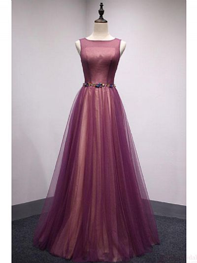 Purple Tulle and Champagne Evening Dresses with Beaded Belt