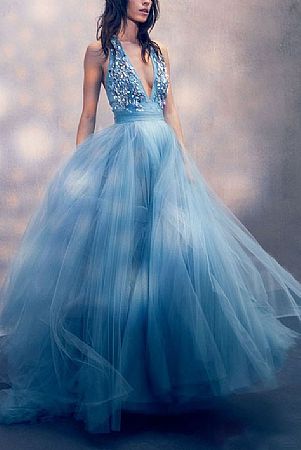 Gorgeous Baby Blue Tulle Prom Dresses with Beaded Plunging Neckline