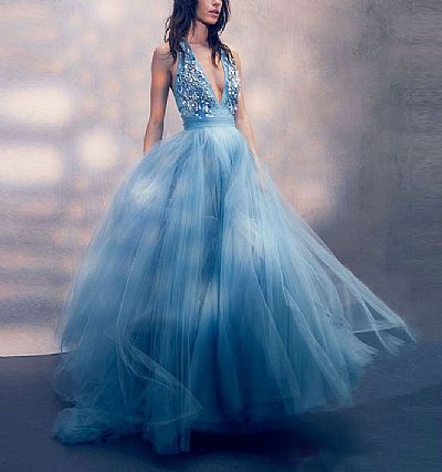 Gorgeous Baby Blue Tulle Prom Dresses with Beaded Plunging Neckline