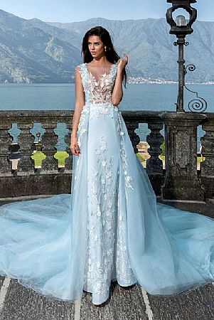 Designer Floral Appliqued Ice Blue Evening Dresses with Detachable Train