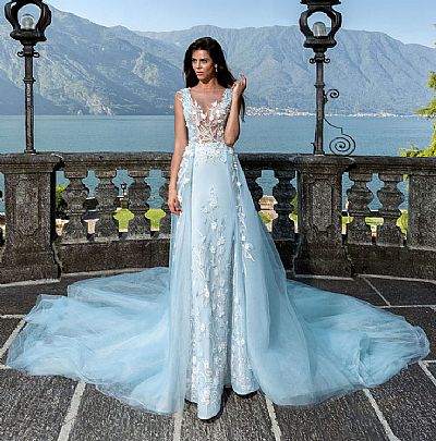 Designer Floral Appliqued Ice Blue Evening Dresses with Detachable Train