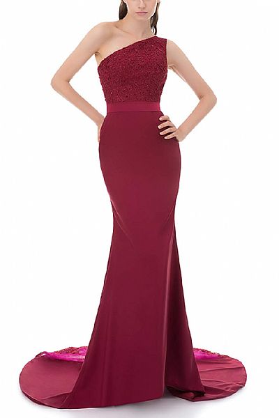 One Shoulder Burgundy Evening Dresses with Inserted Applique