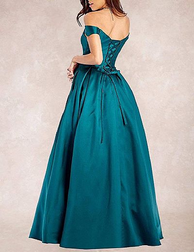Off the Shoulder Blue Evening Dresses with Pockets Lace Up