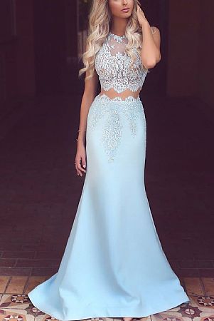 Two Pieces Light Blue Evening Dresses with Lace Top