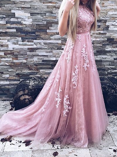 Elegant Long Pink A-Line Evening Dress with Belt