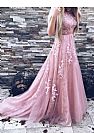 Elegant Long Pink A-Line Evening Dress with Belt