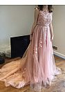 Elegant Long Pink A-Line Evening Dress with Belt