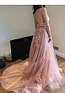 Elegant Long Pink A-Line Evening Dress with Belt