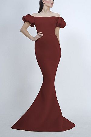 Off the Shoulder Burgundy Mermaid Evening Dresses with Puff Sleeve