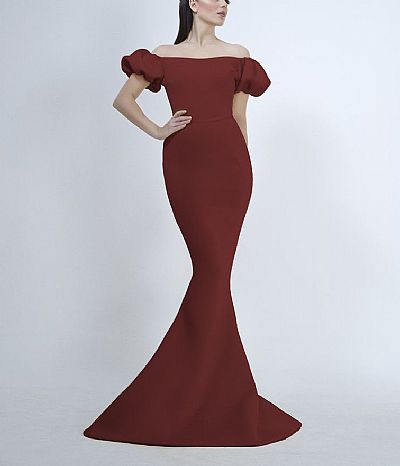 Off the Shoulder Burgundy Mermaid Evening Dresses with Puff Sleeve