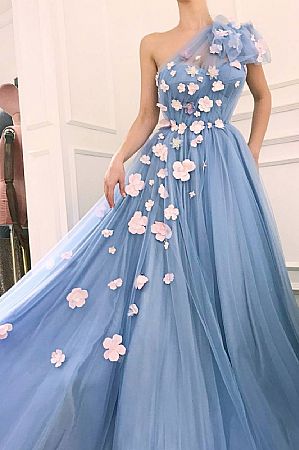 Fabulous One Shouler Blue Tulle Prom Dresses with Beaded Flowers