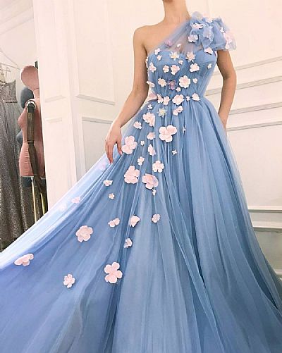 Fabulous One Shouler Blue Tulle Prom Dresses with Beaded Flowers