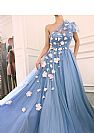 Fabulous One Shouler Blue Tulle Prom Dresses with Beaded Flowers