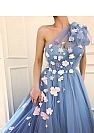 Fabulous One Shouler Blue Tulle Prom Dresses with Beaded Flowers