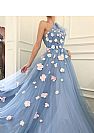 Fabulous One Shouler Blue Tulle Prom Dresses with Beaded Flowers