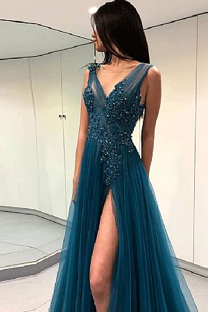 Gorgeous Double V-Neck Beaded Blue Evening Dresses