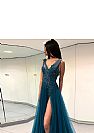 Gorgeous Double V-Neck Beaded Blue Evening Dresses