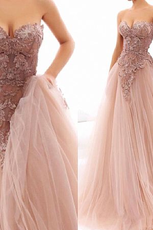Light Champagne Sweetheart Embroidery Tulle Prom Dresses