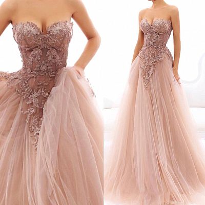 Light Champagne Sweetheart Embroidery Tulle Prom Dresses