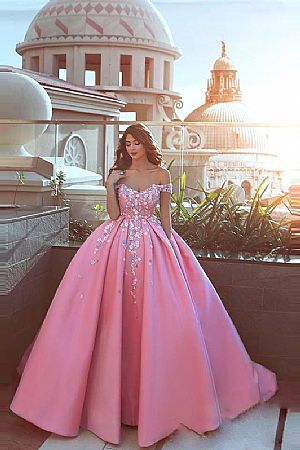 Stunning Off the Shoulder Pleated Pink Ball Gowns with Flowers