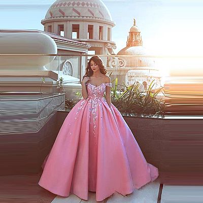 Stunning Off the Shoulder Pleated Pink Ball Gowns with Flowers