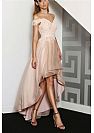 Off the Shoulder Champagne Hi-low Prom Dresses