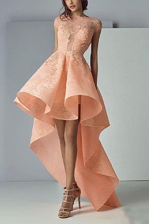 Unique Blush Pleated Hi-low Prom Dresses Short Sleeves