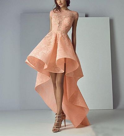 Unique Blush Pleated Hi-low Prom Dresses Short Sleeves