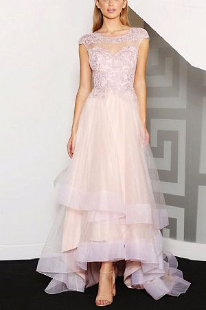 Elegant Tiered Hi-low Evening Dresses with Short Sleeves