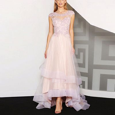 Elegant Tiered Hi-low Evening Dresses with Short Sleeves