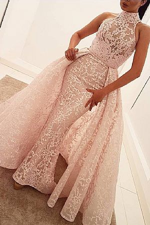 Gorgeous Pink Appliqued Prom Dress with Removable Overskirt
