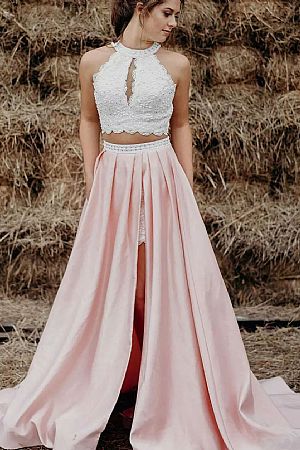 Two Pieces Side Slit Pink Evening Dresses with Keyhole Lace Top