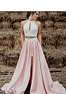 Two Pieces Side Slit Pink Evening Dresses with Keyhole Lace Top