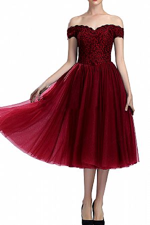 Off the Shoulder Vintage Lace Prom Dresses Tea Length