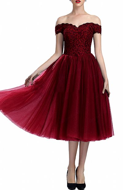 Off the Shoulder Vintage Lace Prom Dresses Tea Length