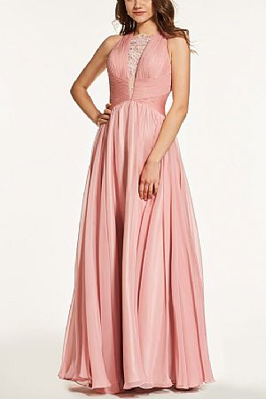 Ruched Blush Chiffon Prom Dresses with Inserted Lace & Criss-Cross Straps