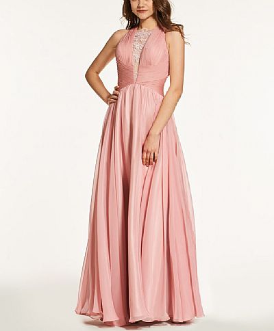 Ruched Blush Chiffon Prom Dresses with Inserted Lace & Criss-Cross Straps