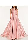 Ruched Blush Chiffon Prom Dresses with Inserted Lace & Criss-Cross Straps