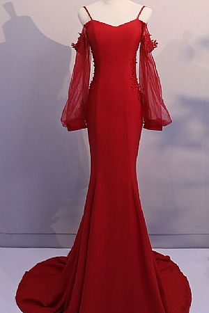 Red Spaghetti Straps Mermaid Evening Dresses with Flare Sleeve