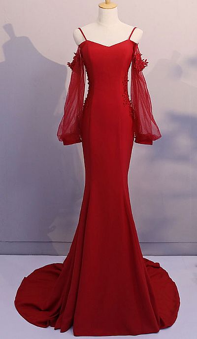 Red Spaghetti Straps Mermaid Evening Dresses with Flare Sleeve