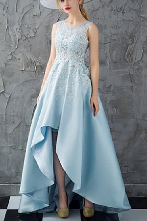 Ice Blue Lace Beaded Hi-low Prom Dresses