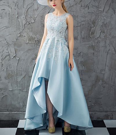 Ice Blue Lace Beaded Hi-low Prom Dresses