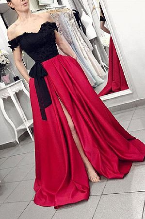 Off Shoulder Black and Burgundy High Split Evening Dresses