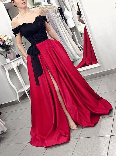 Off Shoulder Black and Burgundy High Split Evening Dresses