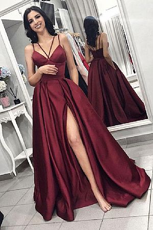 Halter Spaghetti Burgundy High Split Prom Dresses with Pockets