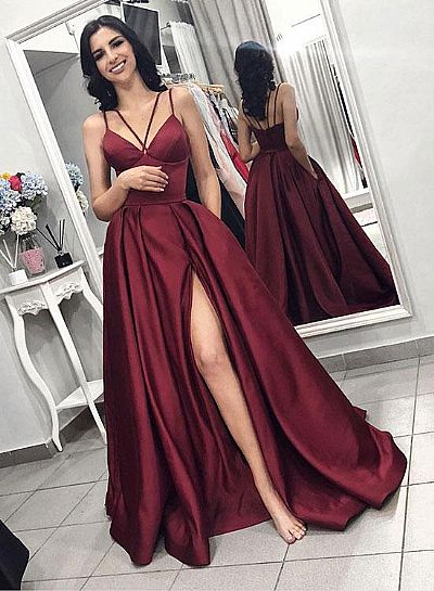 Halter Spaghetti Burgundy High Split Prom Dresses with Pockets